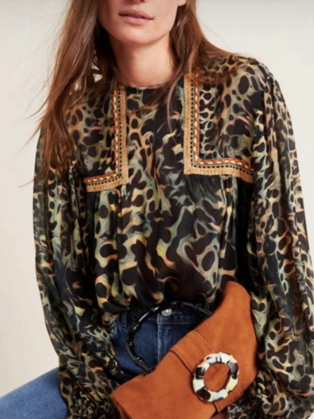 Anthropologie Leopard-Print Blouse with Embroidered Yoke - Green/Brown/Black